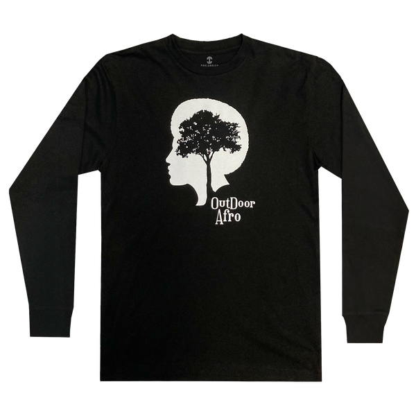 Black long-sleeve t-shirt with white OutDoor Afro logo and wordmark.