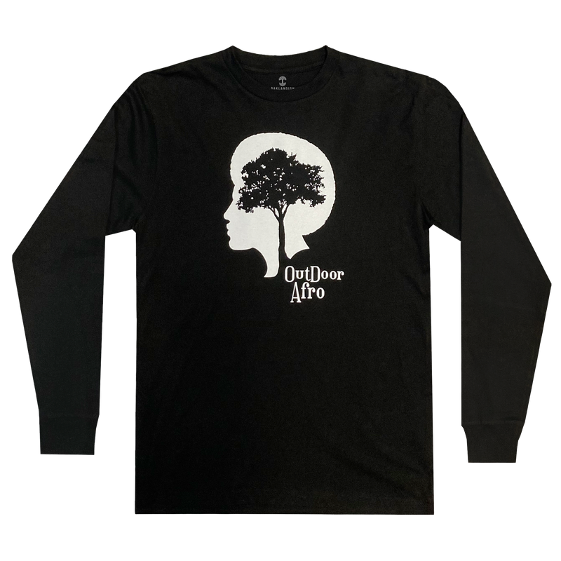 Black long-sleeve t-shirt with white OutDoor Afro logo and wordmark.
