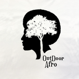 Detailed close-up of a black OutDoor Afro logo and wordmark on a white long-sleeve t-shirt.