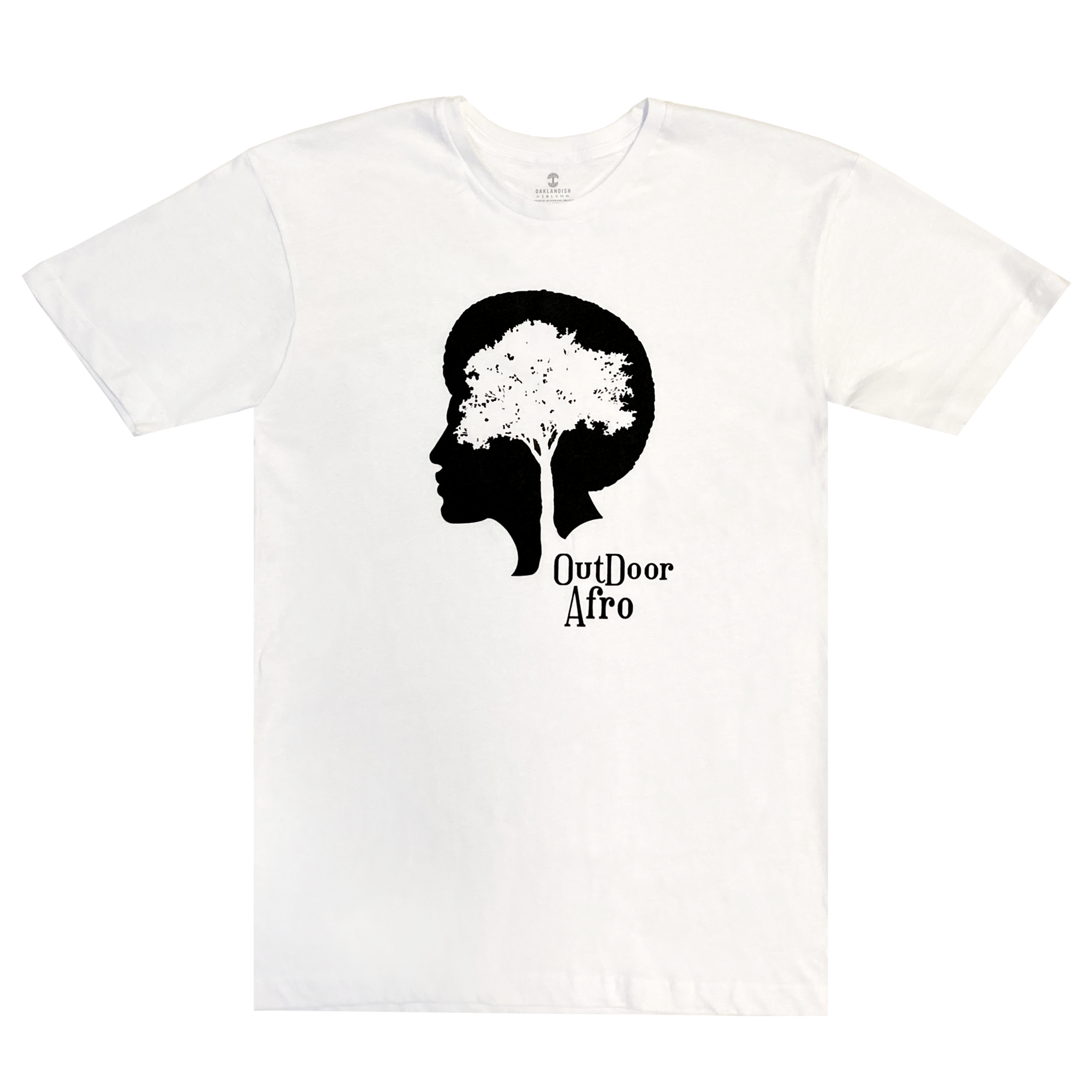 The Outdoor Afro Signature Tee by Partner is a white T-shirt adorned with a striking black silhouette of a person's head in profile, seamlessly integrated with the silhouette of a tree as the hair. Ideal for any outdoor enthusiast, it proudly displays the words "Outdoor Afro" below the image in bold black lettering.
