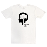 Front view of a white t-shirt with black OutDoor Afro logo and wordmark.