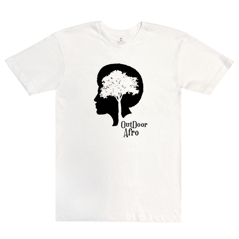 Front view of a white t-shirt with black OutDoor Afro logo and wordmark.