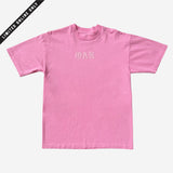 Pink t-shirt with pink OAK wordmark in old style font with a bleed.