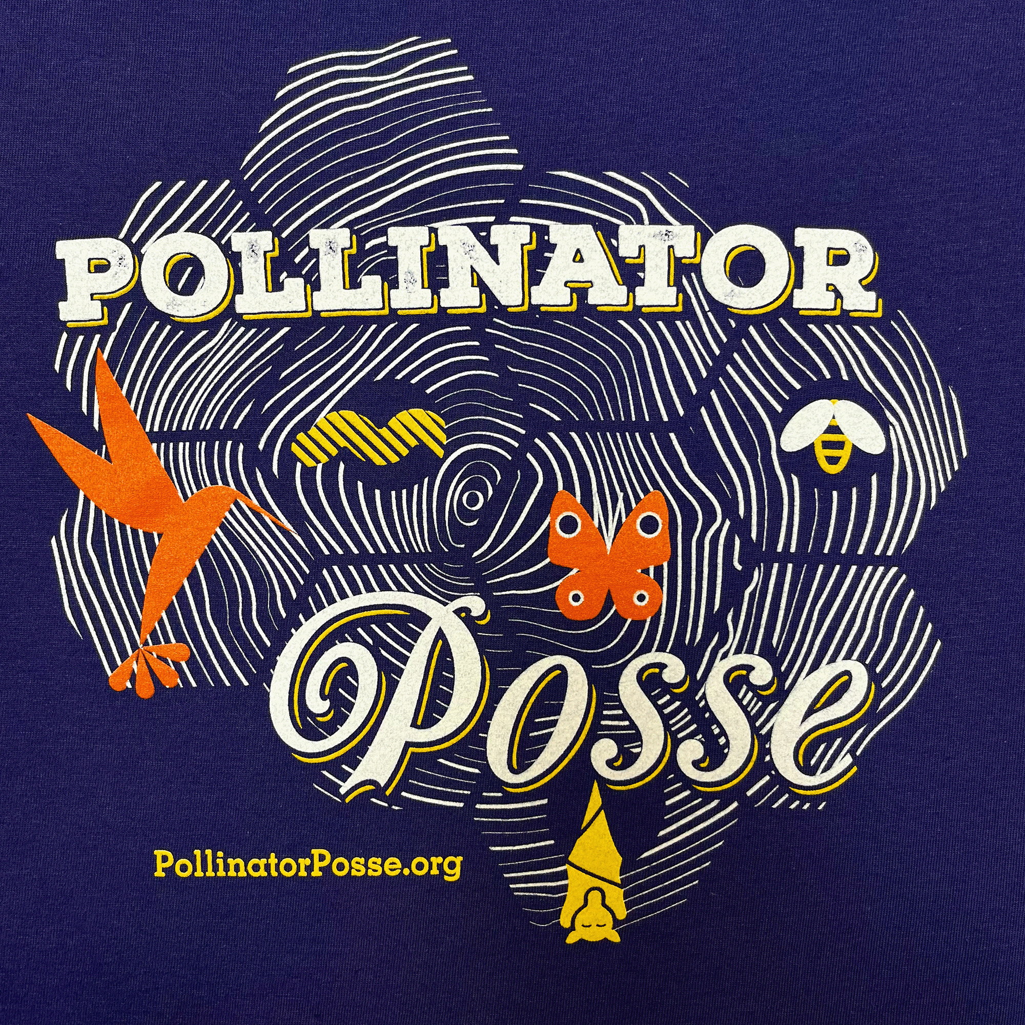 Close-up on Pollinator Posse graphic on the front chest of a Iris-colored women’s t-shirt.