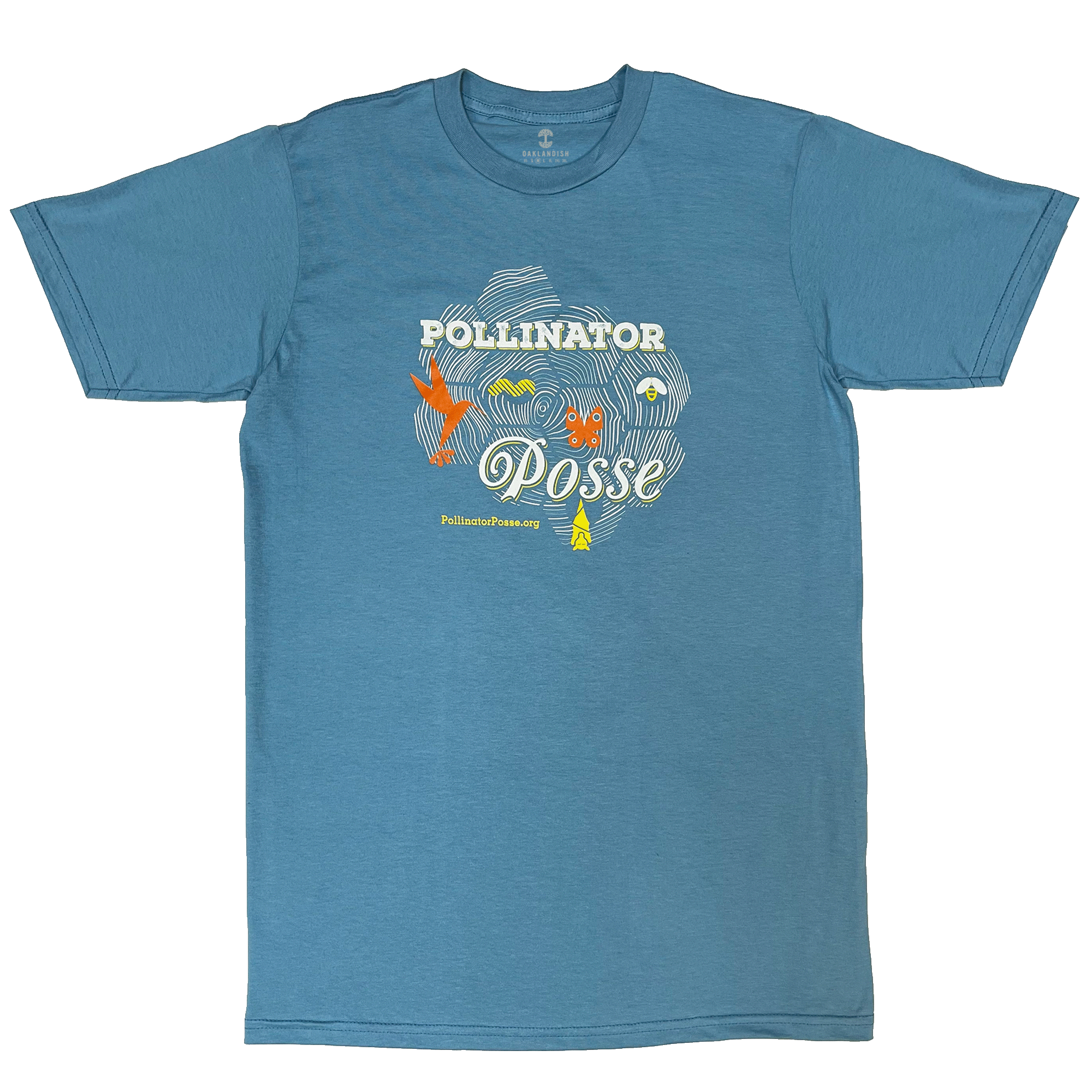 Niagra blue t-shirt with bee-themed Pollinator Posse graphic on front chest.