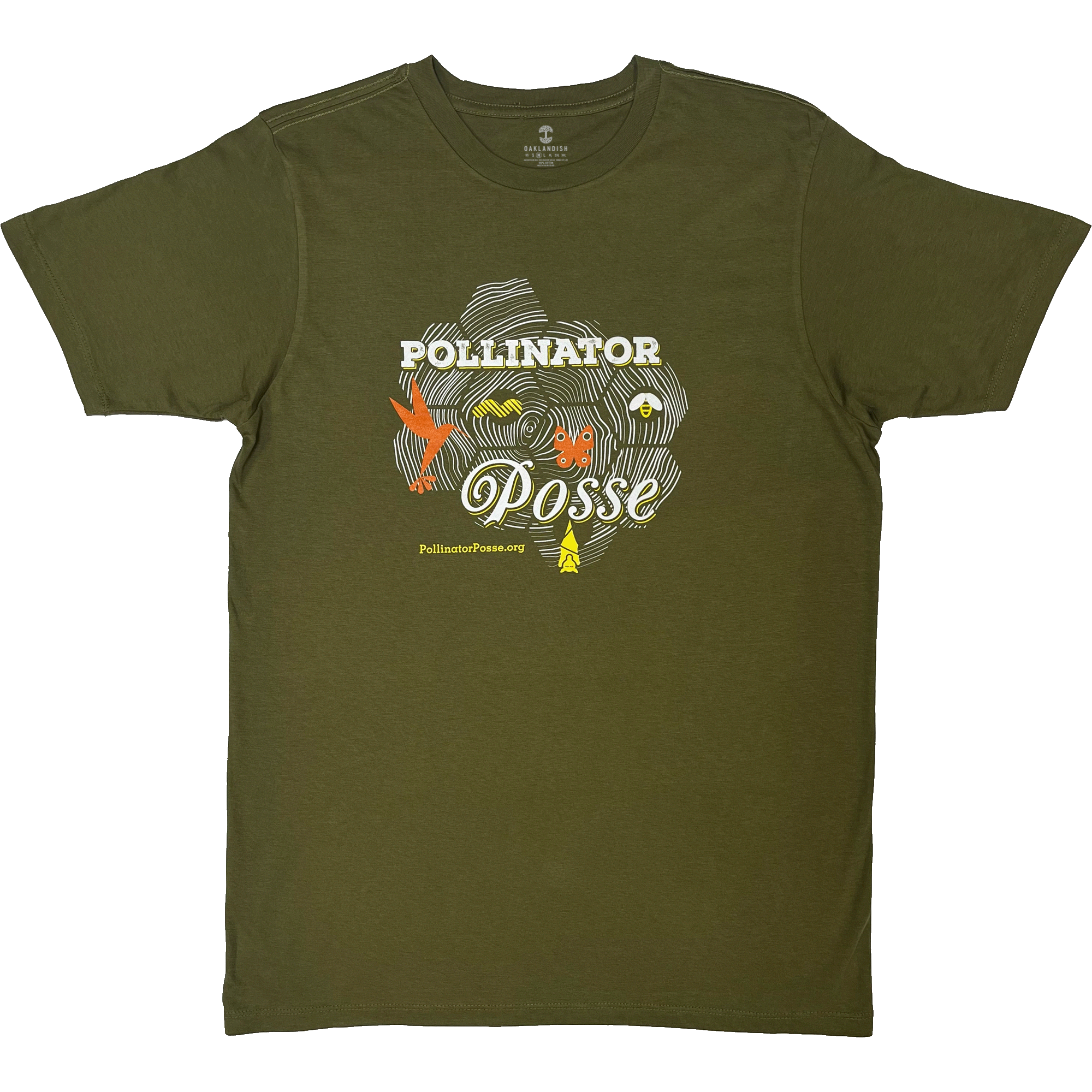 Loden brown t-shirt with bee-themed Pollinator Posse graphic on front chest.