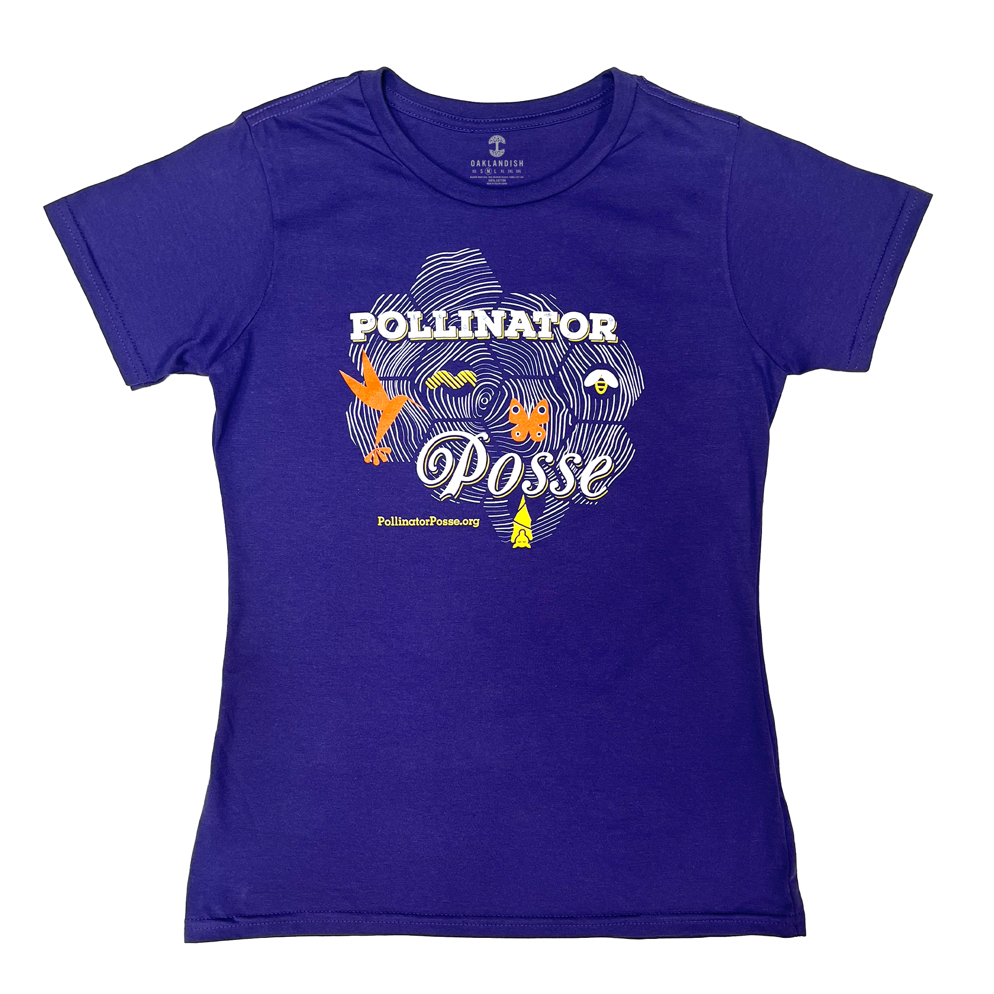 Iris colored women’s t-shirt with bee-themed Pollinator Posse graphic on front chest.