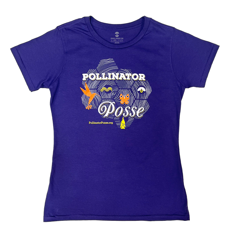 Flat image of eco-friendly cotton t-shirt in Iris with Pollinator Posse logo and website.