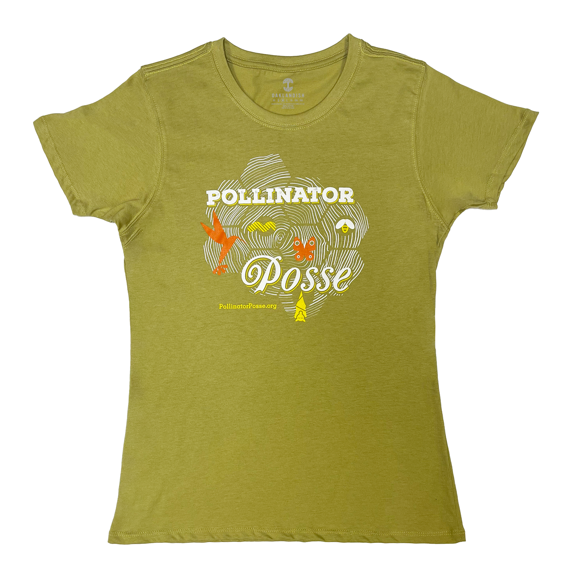 Wasabi green women’s t-shirt with bee-themed Pollinator Posse graphic on front chest.