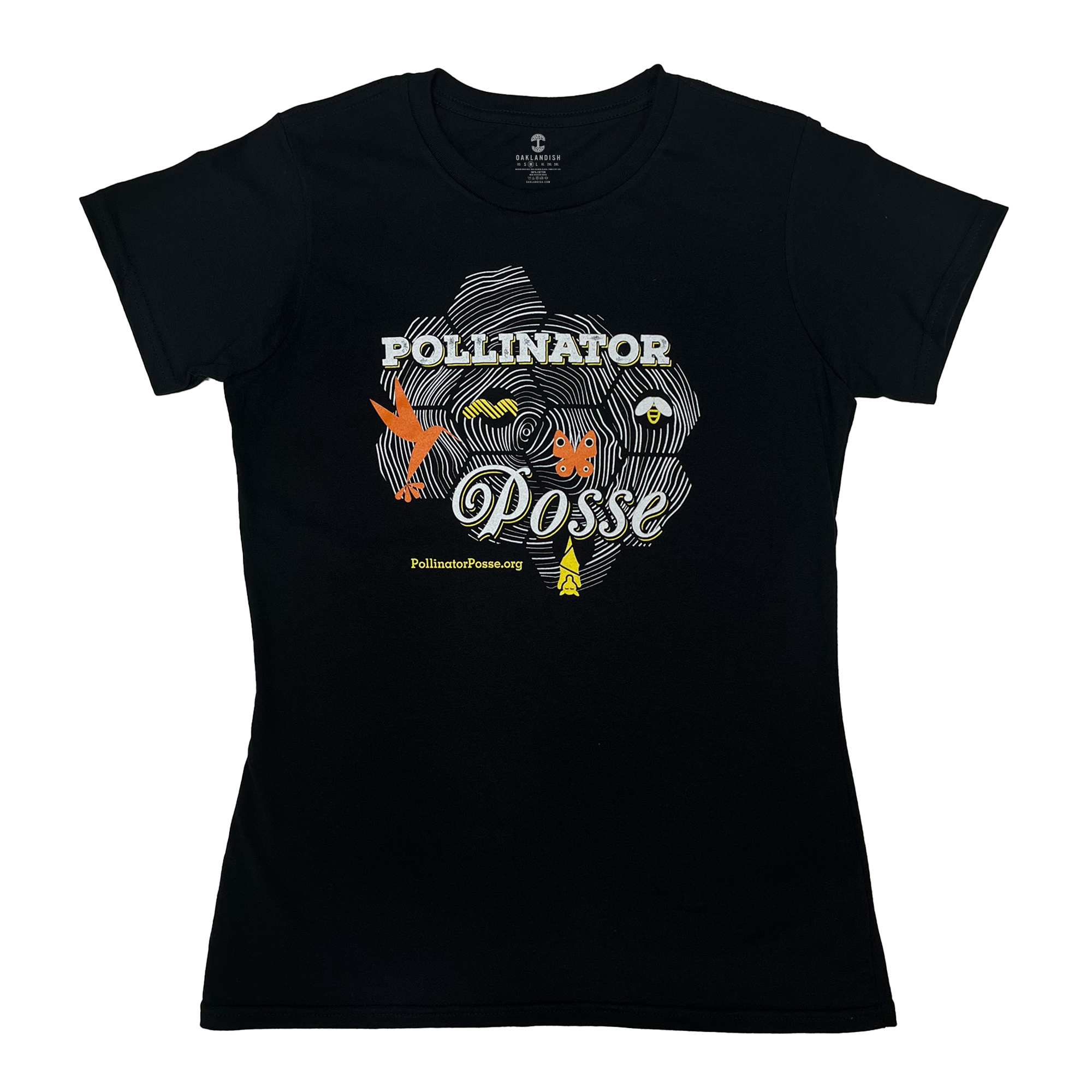 Black women’s t-shirt with bee-themed Pollinator Posse graphic on front chest.