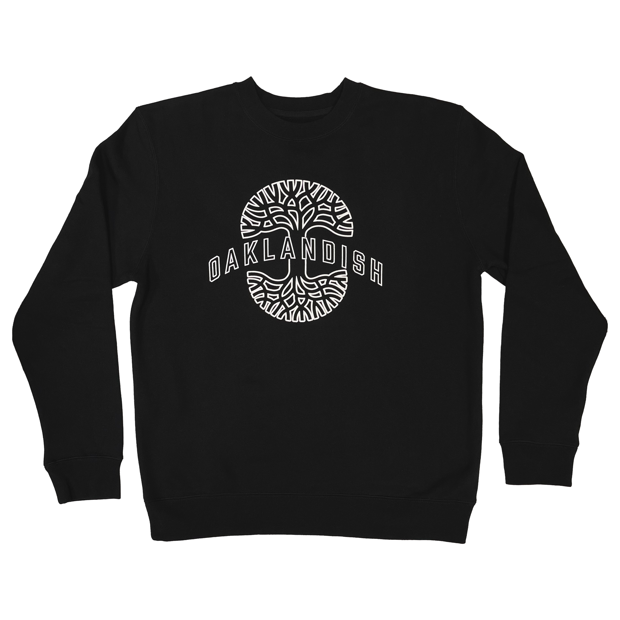 Front view of black crewneck sweatshirt with Oaklandish wordmark on top of Oaklandish tree logo in white puff ink.