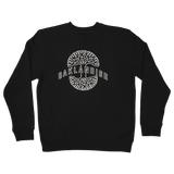 Front view of black crewneck sweatshirt with Oaklandish wordmark on top of Oaklandish tree logo in white puff ink.