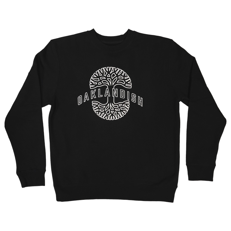 Front view of black crewneck sweatshirt with Oaklandish wordmark on top of Oaklandish tree logo in white puff ink.