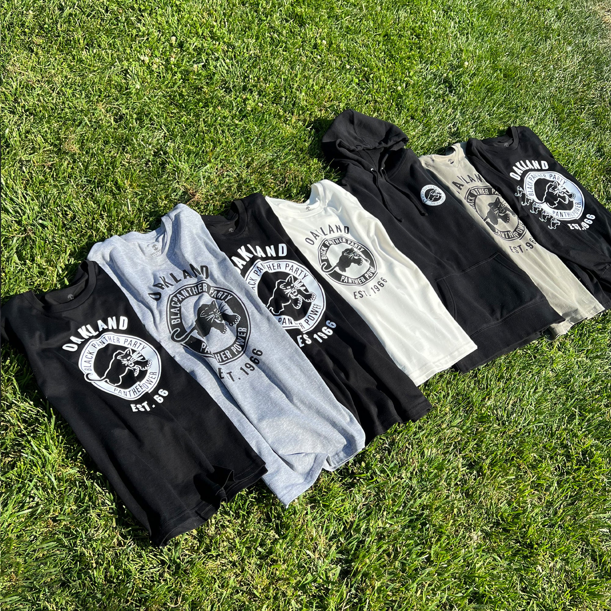 A row of seven clothing items is spread out on the grass, including black, gray, and white t-shirts along with a Black Panther Power Hoodie from Oaklandish. Each item features a circular "Oakland" emblem with "Established 1996" text and a tree graphic. The shirts are neatly arranged side by side in direct sunlight.