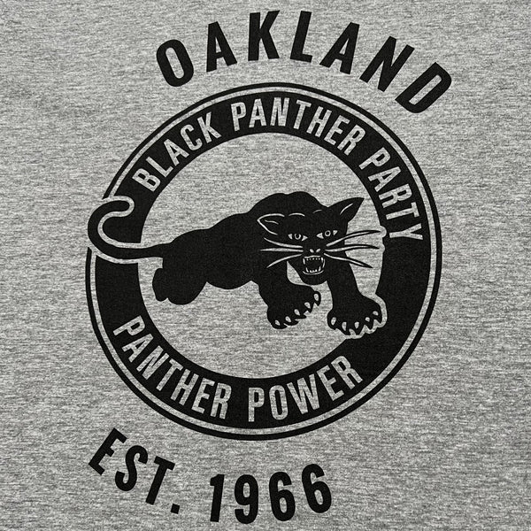 Detailed close up image of men's athletic heather t-shirt with Black Panther Party Alumni Legacy Network logo.