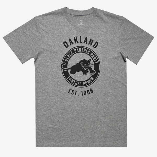 Front image of men's athletic heather t-shirt with Black Panther Party Alumni Legacy Network logo.