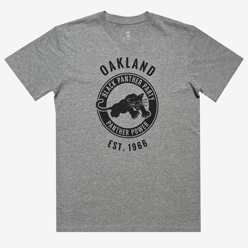 Front image of men's athletic heather t-shirt with Black Panther Party Alumni Legacy Network logo.