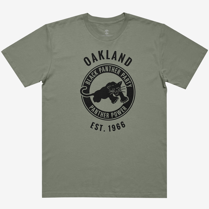 Front image of men's eucalyptus t-shirt with Black Panther Party Alumni Legacy Network logo.
