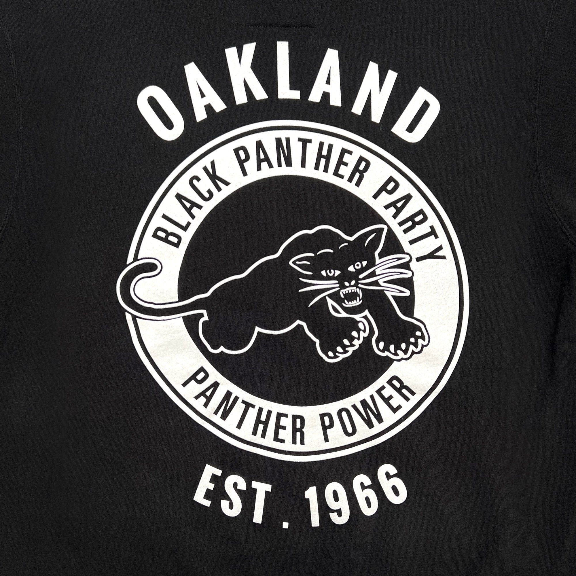 Detailed close-up of large white Black Panther Party Alumni Legacy Network logo on the back of a black hoodie.