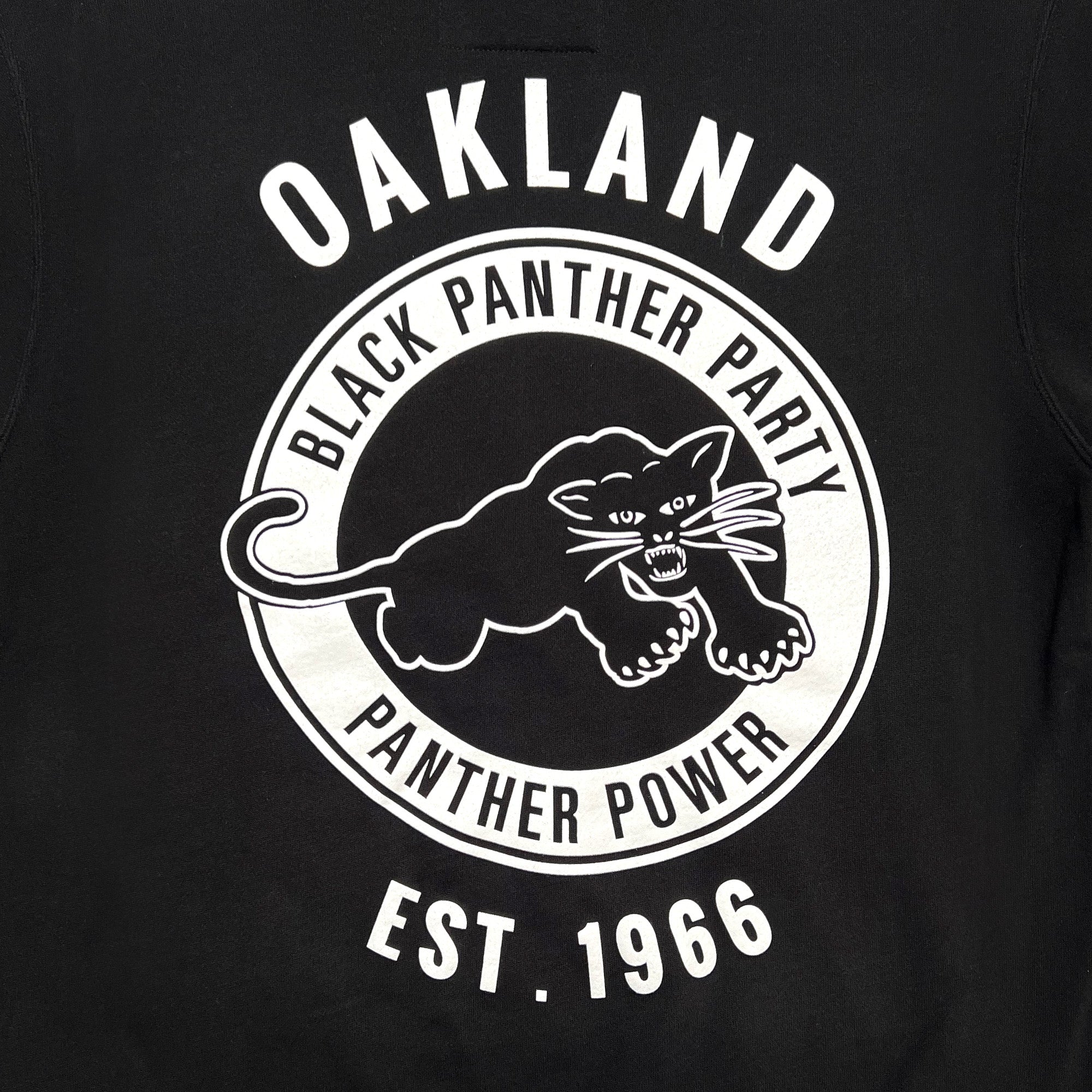 The Black Panther Power Hoodie by Oaklandish features a circular logo on a black background that reads "OAKLAND" in large white letters at the top. Inside the circle is a fierce black panther with bared teeth and claws, surrounded by the phrases "BLACK PANTHER PARTY" and "PANTHER POWER." At the bottom, it bears the inscription "EST. 1966". This design makes for an ideal pullover hoodie.