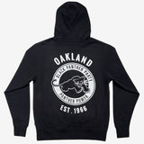 Back view of black pullover hoodie with Black Panther Party Alumni Legacy Network logo.