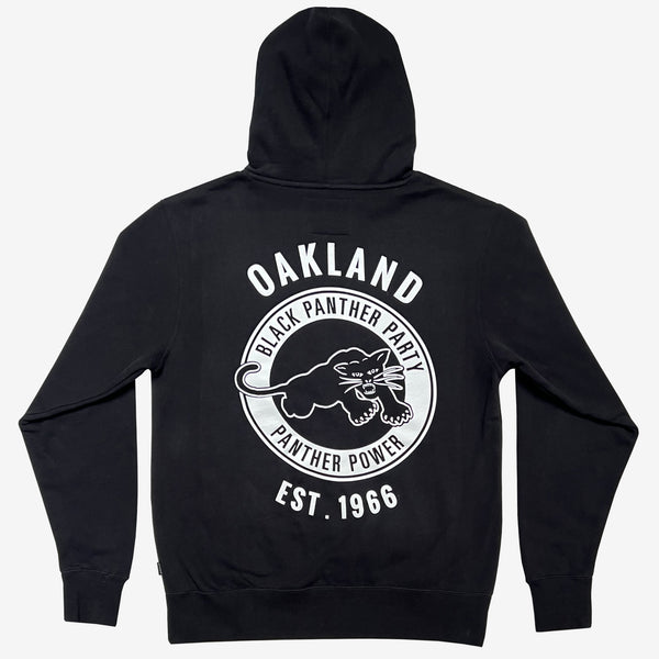 Back view of black pullover hoodie with Black Panther Party Alumni Legacy Network logo.