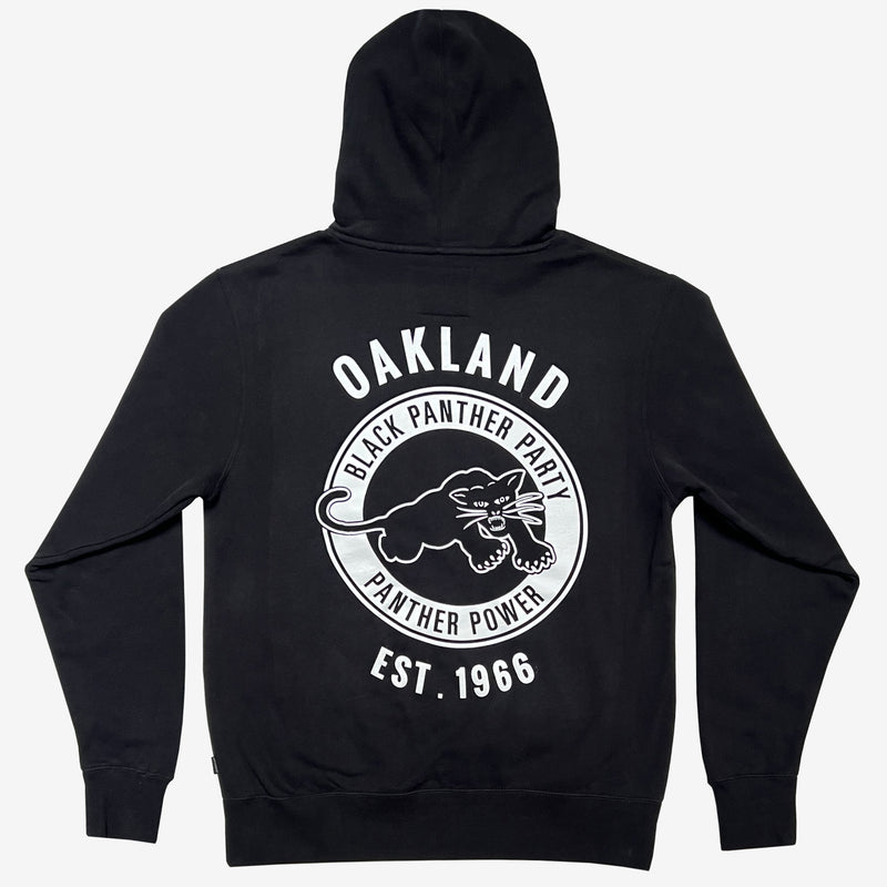 Back view of black pullover hoodie with Black Panther Party Alumni Legacy Network logo.