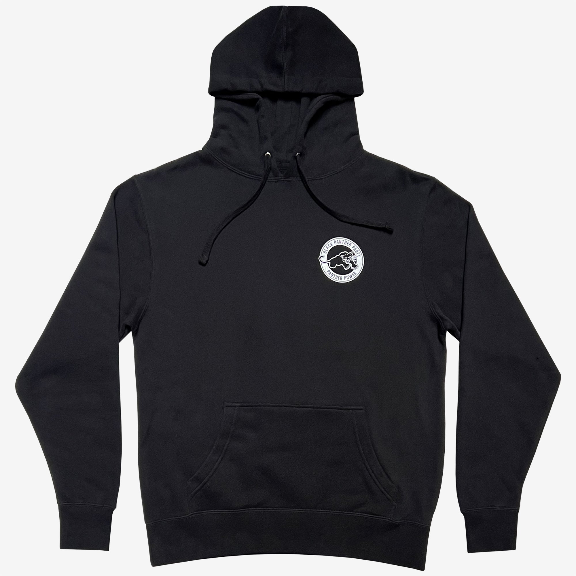 Front view of black pullover hoodie with Black Panther Party Alumni Legacy Network logo on left chest wearside.