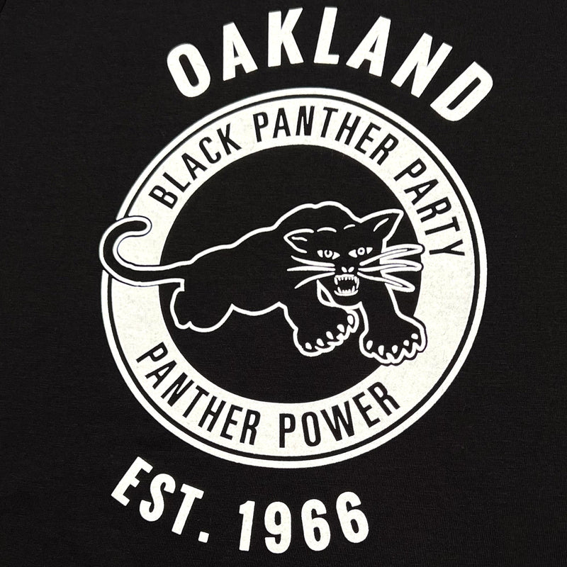 Detailed close-up of white Black Panther Party Alumni Legacy Network logo on the sleeve of black long-sleeve t-shirt.