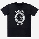 Front image of men's black t-shirt with Black Panther Party Alumni Legacy Network logo.