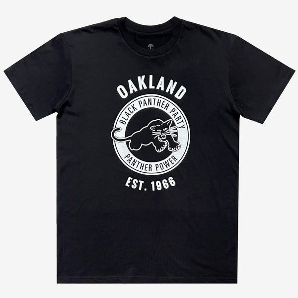 Front image of men's black t-shirt with Black Panther Party Alumni Legacy Network logo.
