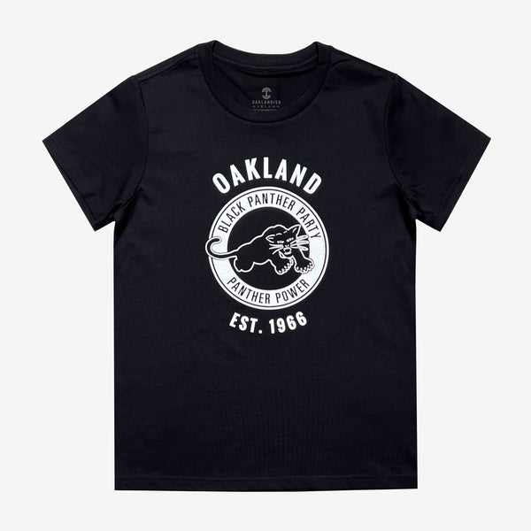 Front image of women's black t-shirt with Black Panther Party Alumni Legacy Network logo.