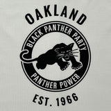 Close-up of Black Panther logo on the chest of a natural t-shirt.