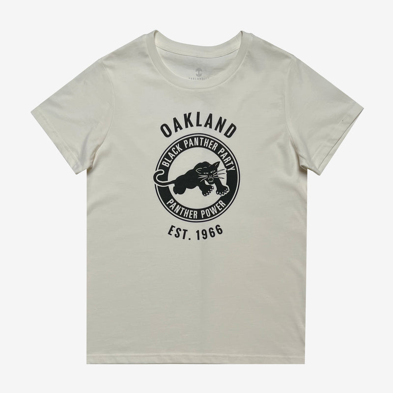 Women's natural t-shirt with a black Black Panther Party Alumni Legacy Network logo on the chest.