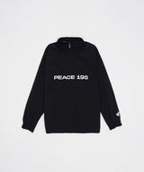 Image of black 1/4 zip nylon pullover with detached hood and embroidered umbro on front left chest and screen printed 'Peace 195' above kangaroo pocket and dove on left sleeve. 