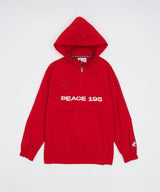 Red 1/4 zip nylon pullover hoodie with embroidered umbro on front left chest and screen printed 'Peace 195' above kangaroo pocket and dove on left sleeve.