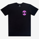 Flat image of black tee with magenta UV activated Oaklandish tree logo on wearer's left chest.