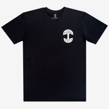 Flat image of black tee with white(to start) UV activated Oaklandish tree logo on wearer's left chest.