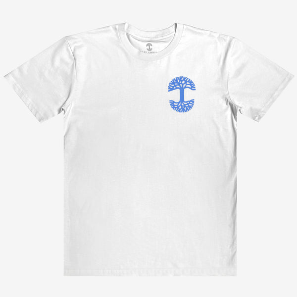 Flat image of white tee with blue UV activated Oaklandish tree logo on wearer's left chest.