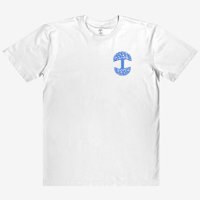 Flat image of white tee with blue UV activated Oaklandish tree logo on wearer's left chest.