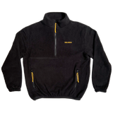 Black polar fleece pullover with 1/2 zip, yellow zip pulls two pockets, and yellow Oaklandish wordmark on the wearer's left chest.