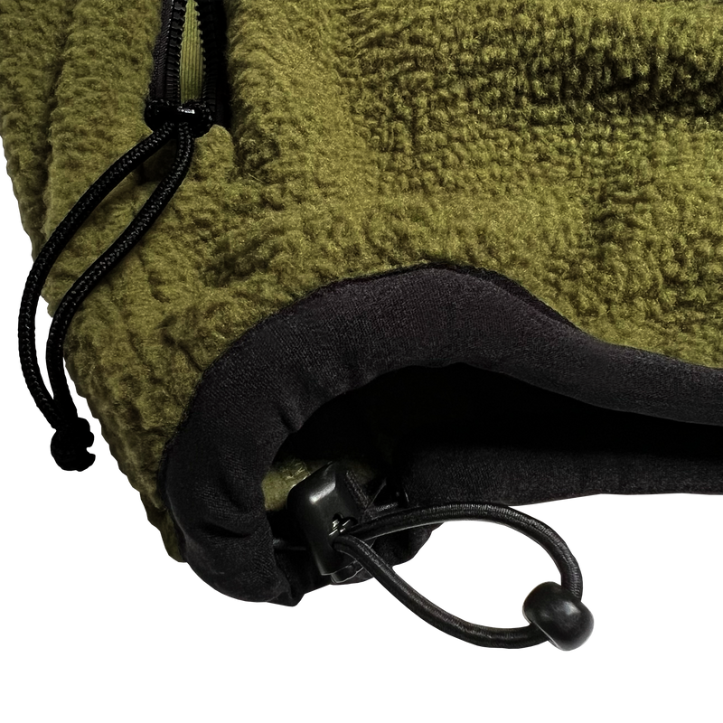 Detail close up of adjustable hem shock cord and black pull cords on green Oaklandish fleece.