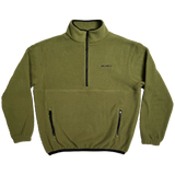 Front view of a green polar pullover fleece with ½ zip pockets and a black Oaklandish wordmark on the left chest wear side.