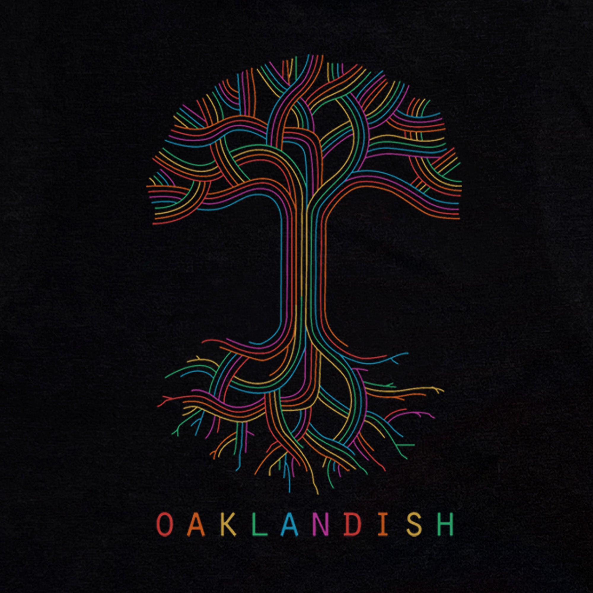 Close-up of women’s black tank top with Oaklandish Tree logo and wordmark in rainbow colors for pride month.