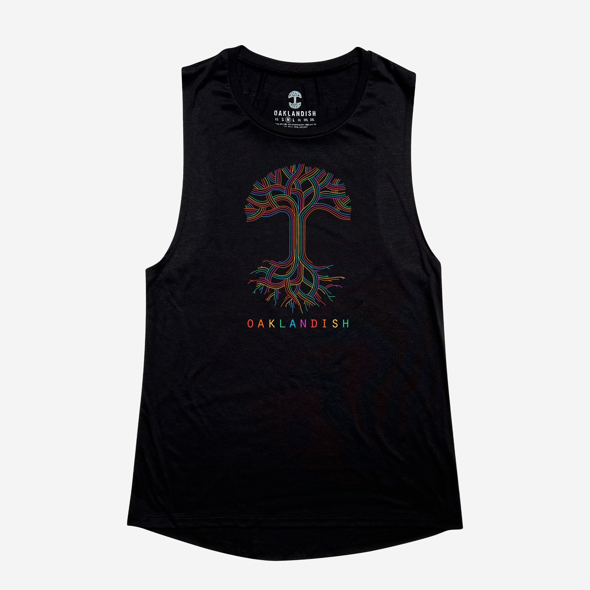 Women’s black tank top with Oaklandish Tree logo and wordmark in rainbow colors for pride month.