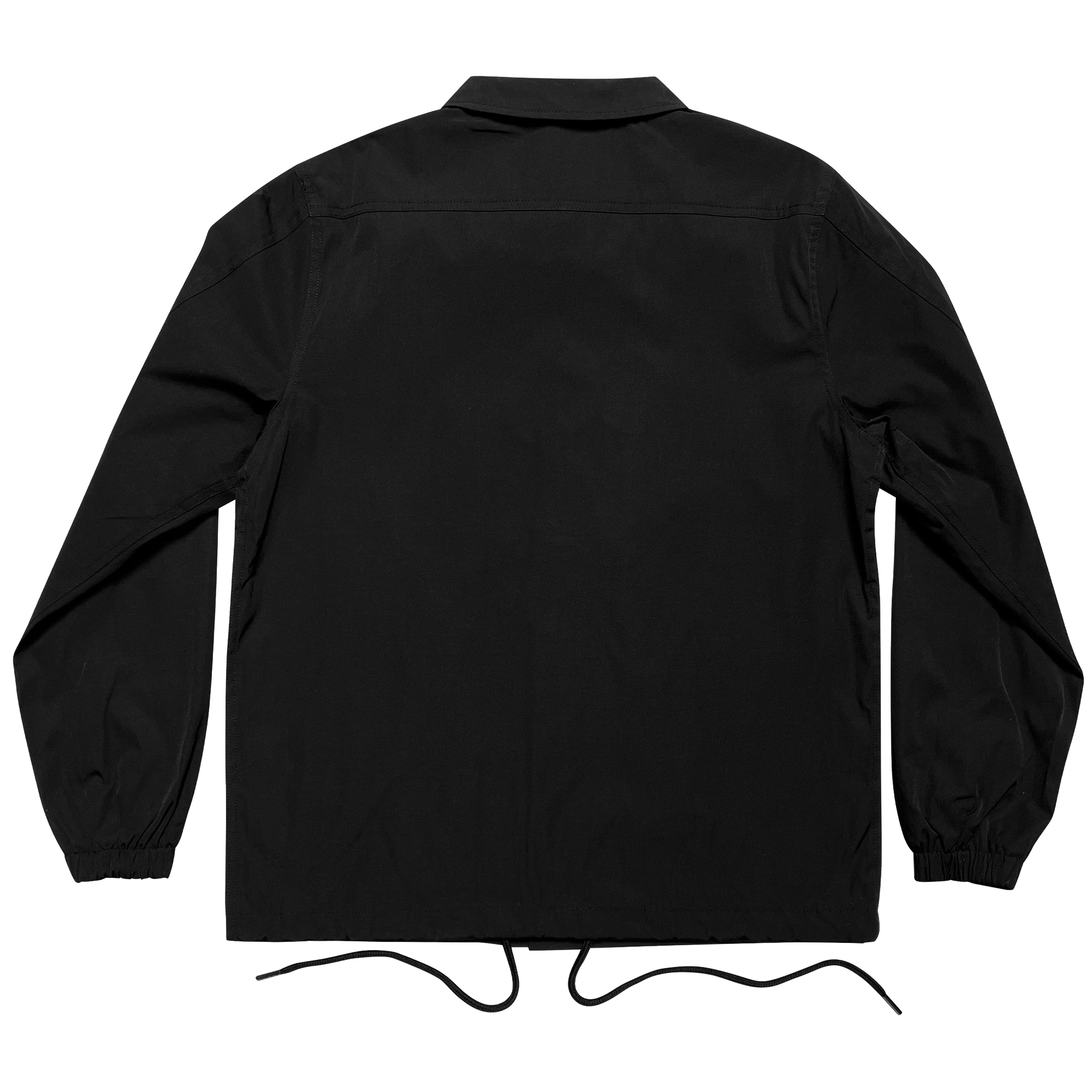 Back side of black coaches jacket with waist draw strings.