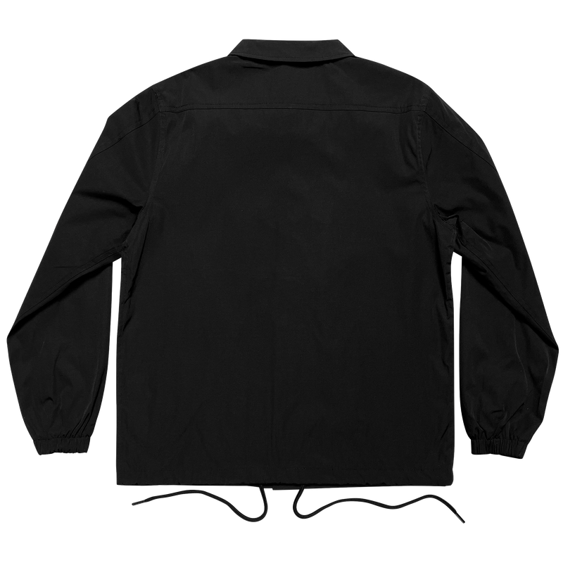Back side of black coaches jacket with waist draw strings.