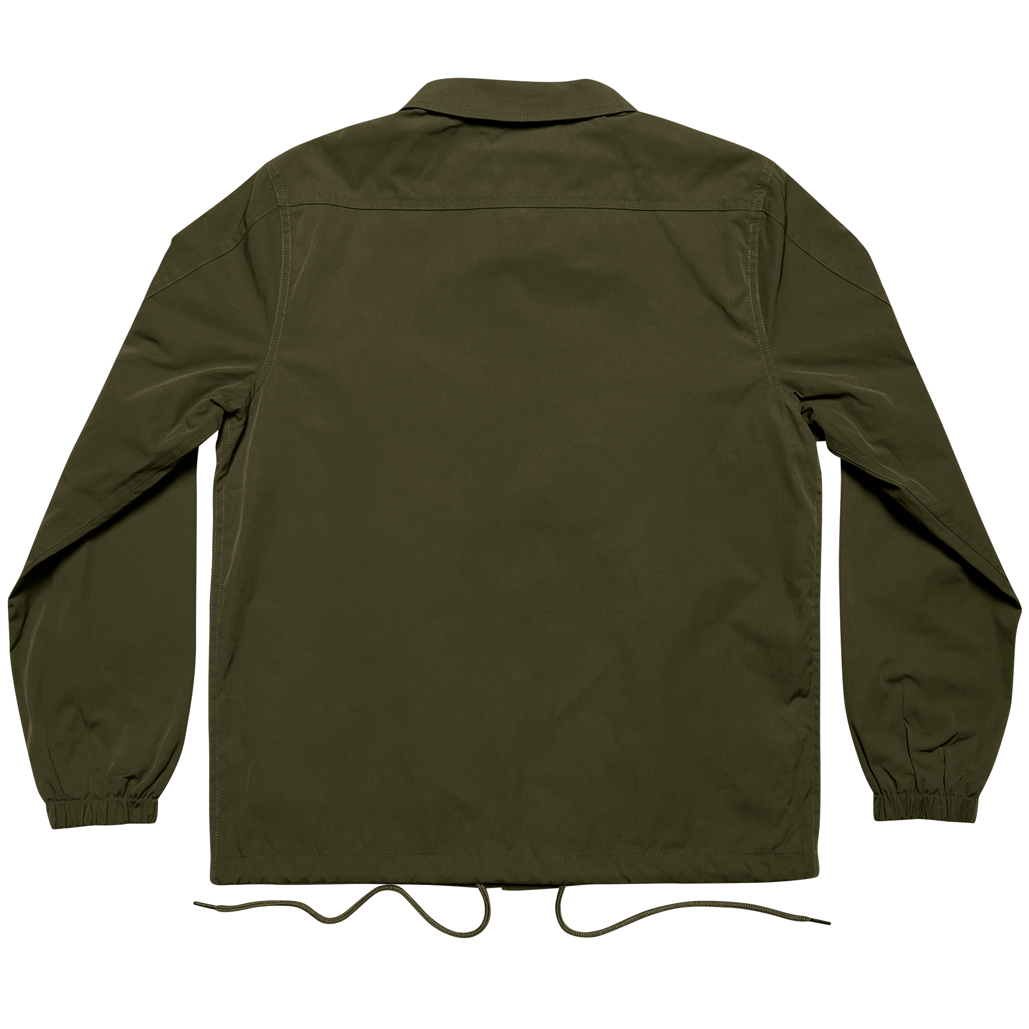 Back side of olive coaches jacket with waist drawstrings.
