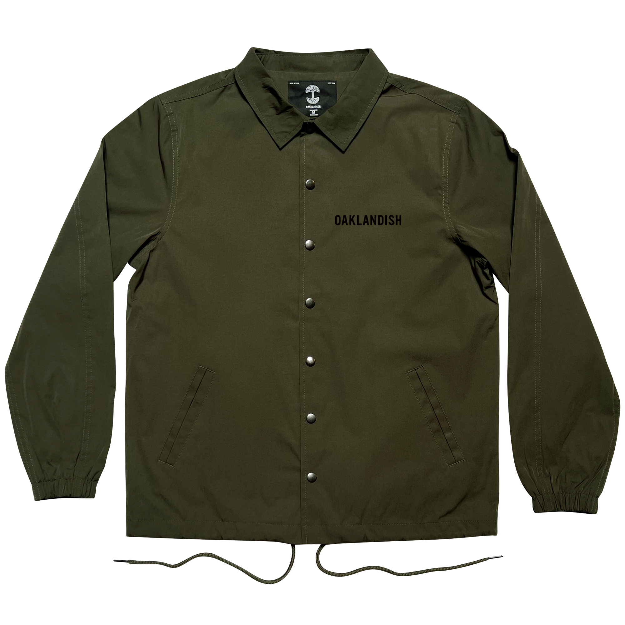 Olive green snap close coaches jacket with 'Oaklandish' wordmark on the wearer's left chest, with a collar and drawstring waist.