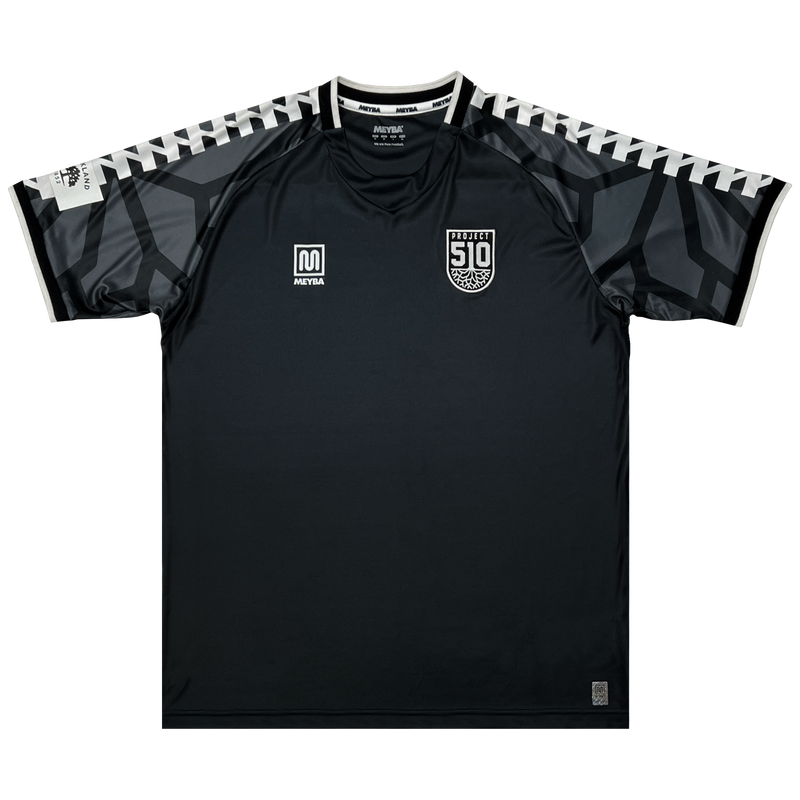 Front view of black Project 510 Meyba jersey with Meyba logo on wearer's right chest, Project 510 crest on wearer's left chest and Oakland Flag in Black and white on right sleeve.